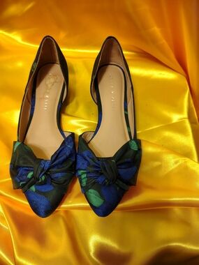 Kelly &Kate Pointed Bow Floral Flats - Blue & Green Floral
